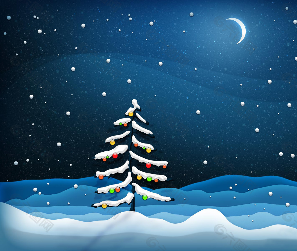 位图 冬天 雪花 圣诞树 月亮 免费素材