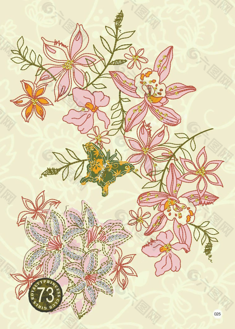 绣花 优雅植物 花卉 昆虫 花纹 免费素材