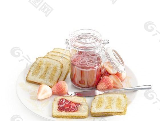 营养早餐组合 面包 草莓 果酱 刀叉 盘子（贴图）