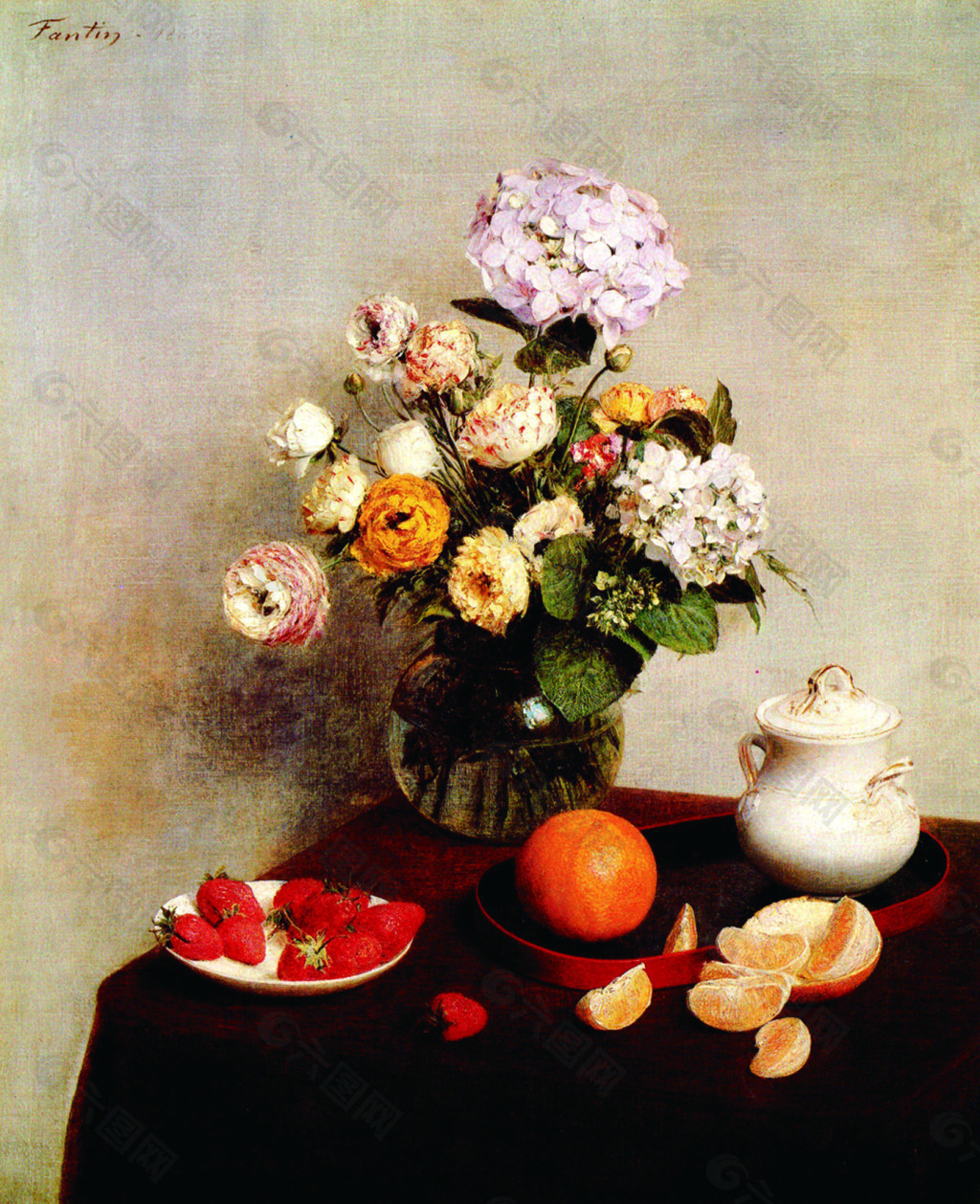 油画水果和花