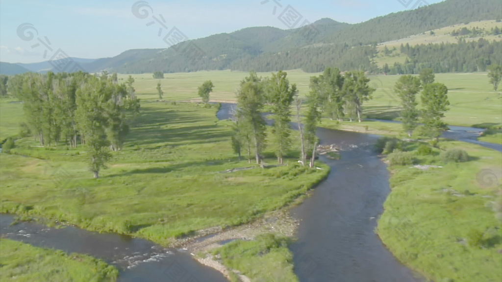 与河股票绿色山谷的空中拍摄的录像 视频免费下载