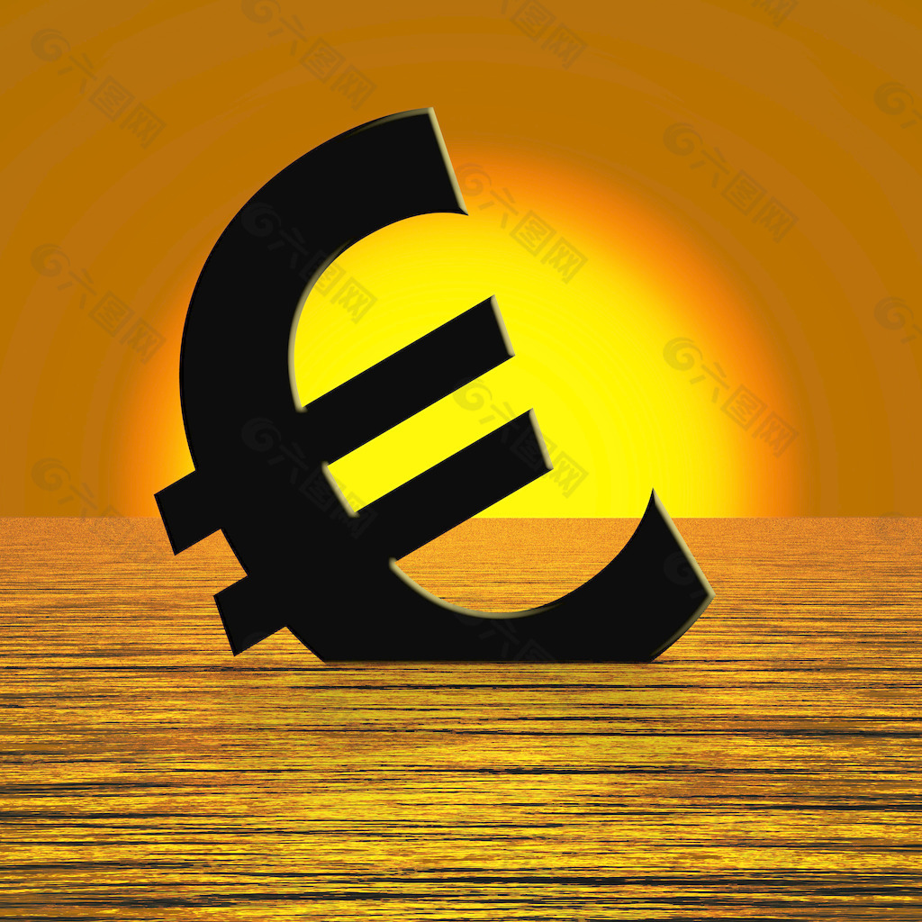 欧元符号下沉和日落显示抑郁症经济衰退和经济衰退