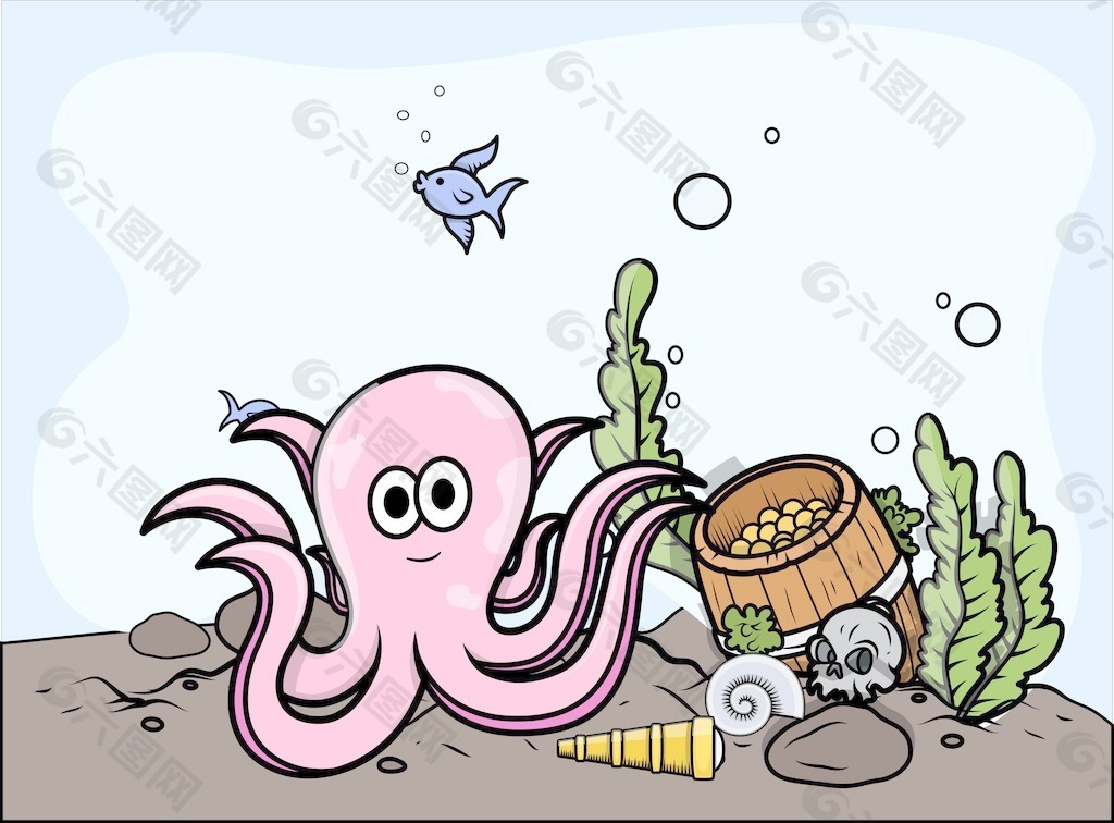 与沉没的宝藏-矢量插画章鱼