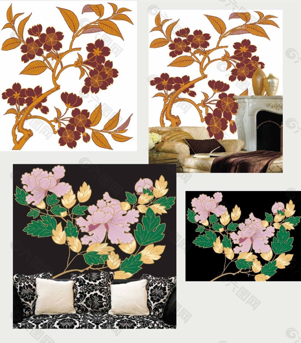植物花卉壁画矢量图装饰装修素材免费下载(图片编号:3975374)