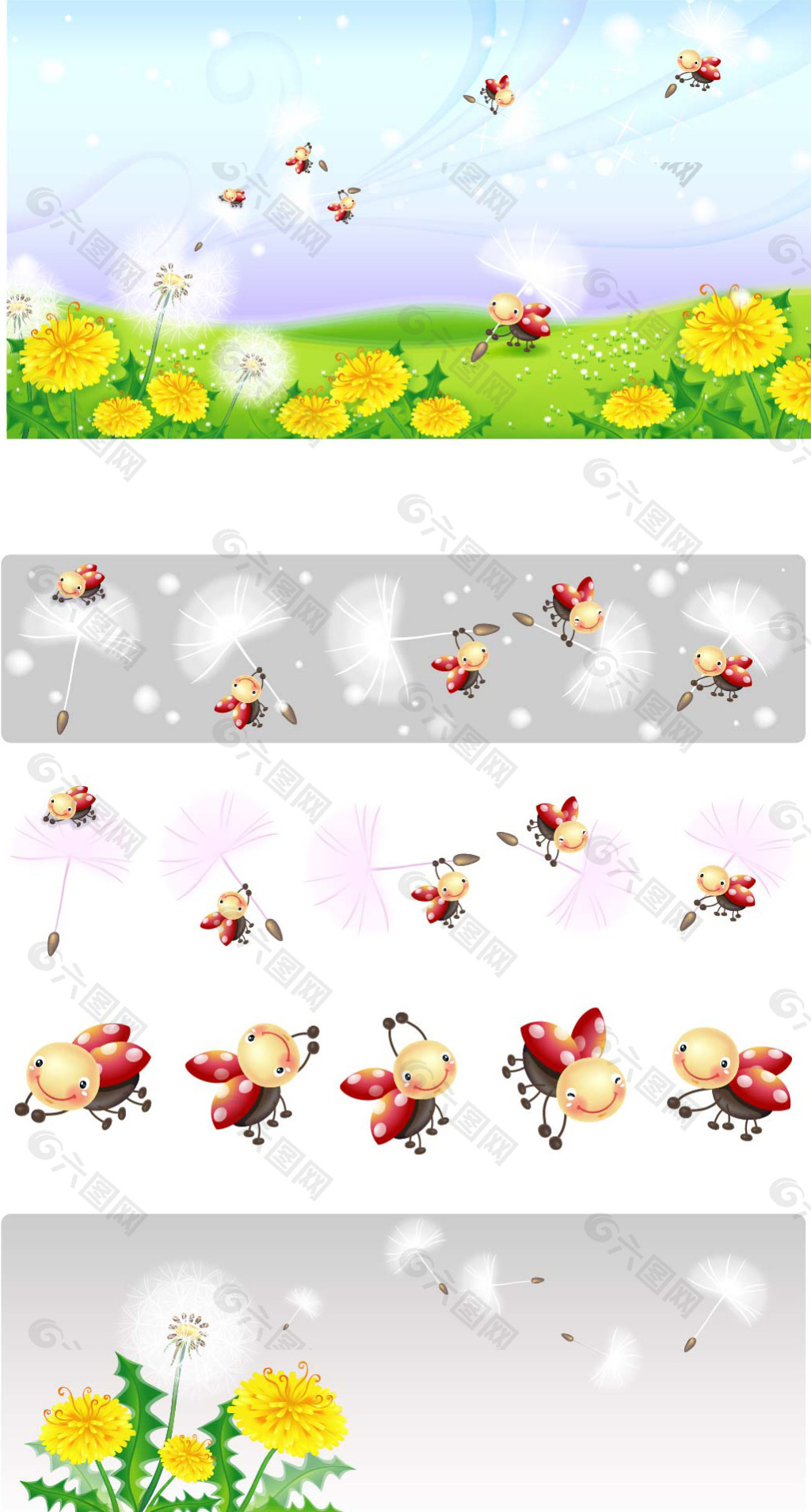 可爱小瓢虫与花朵矢量素材