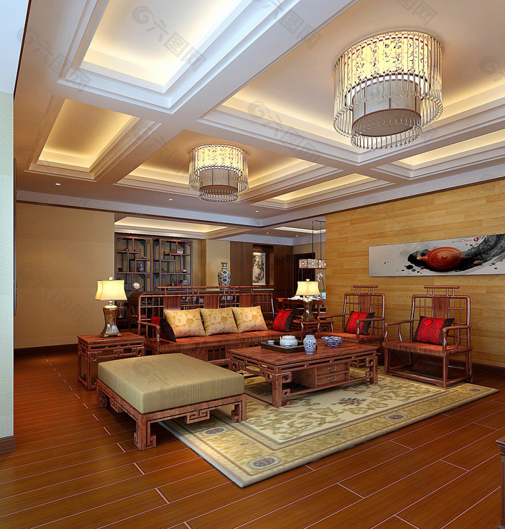 中式风格长方形客厅米色背景墙效果图-房天下装修效果图