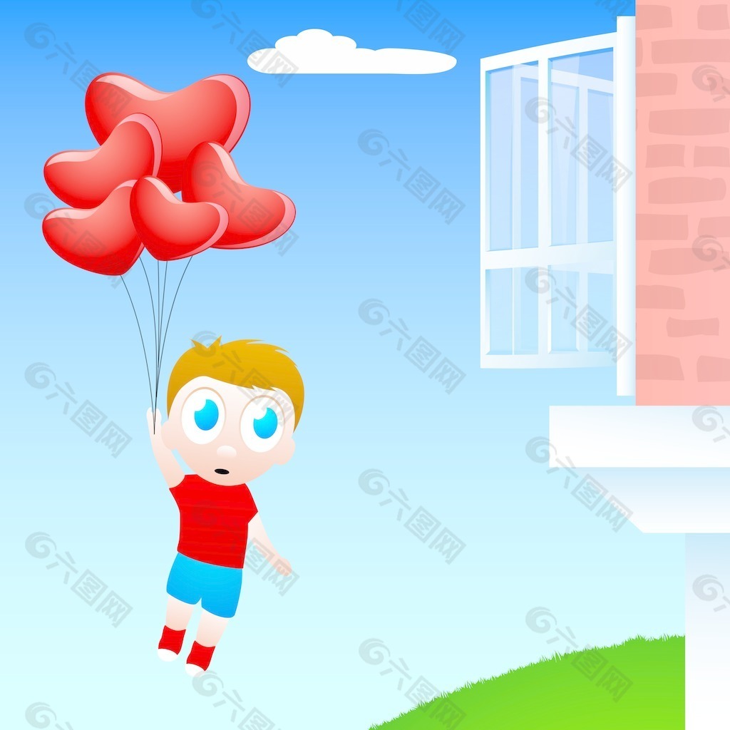 心脏的形状的气球飞行的小男孩
