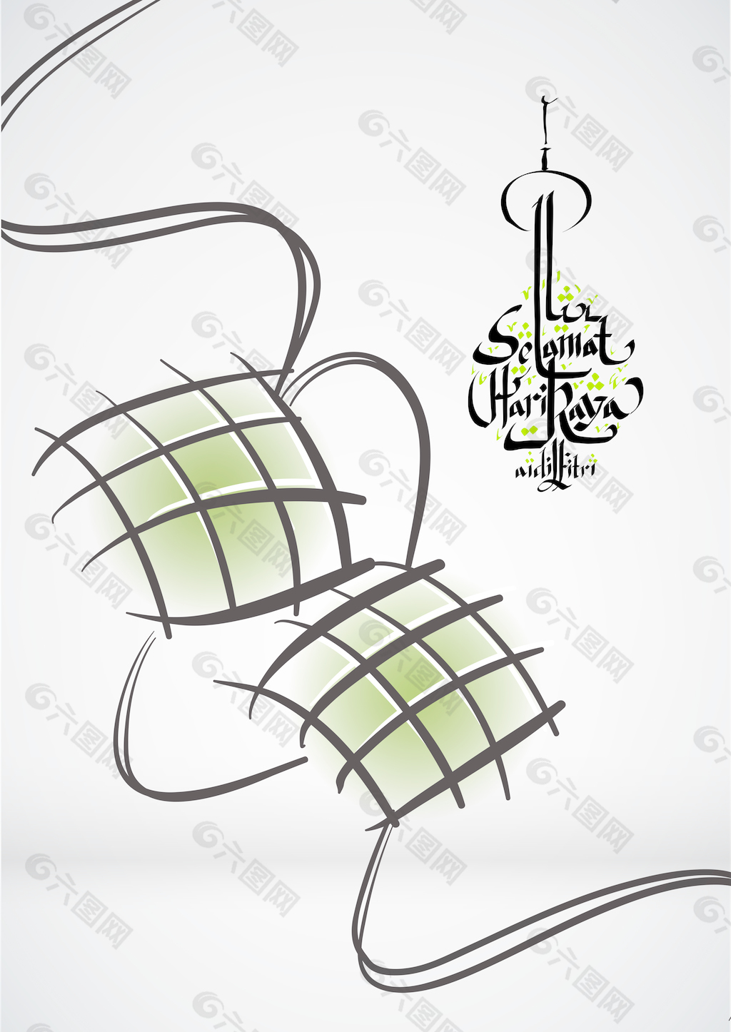 向量的穆斯林Ketupat图纸翻译：开斋节庆祝和平