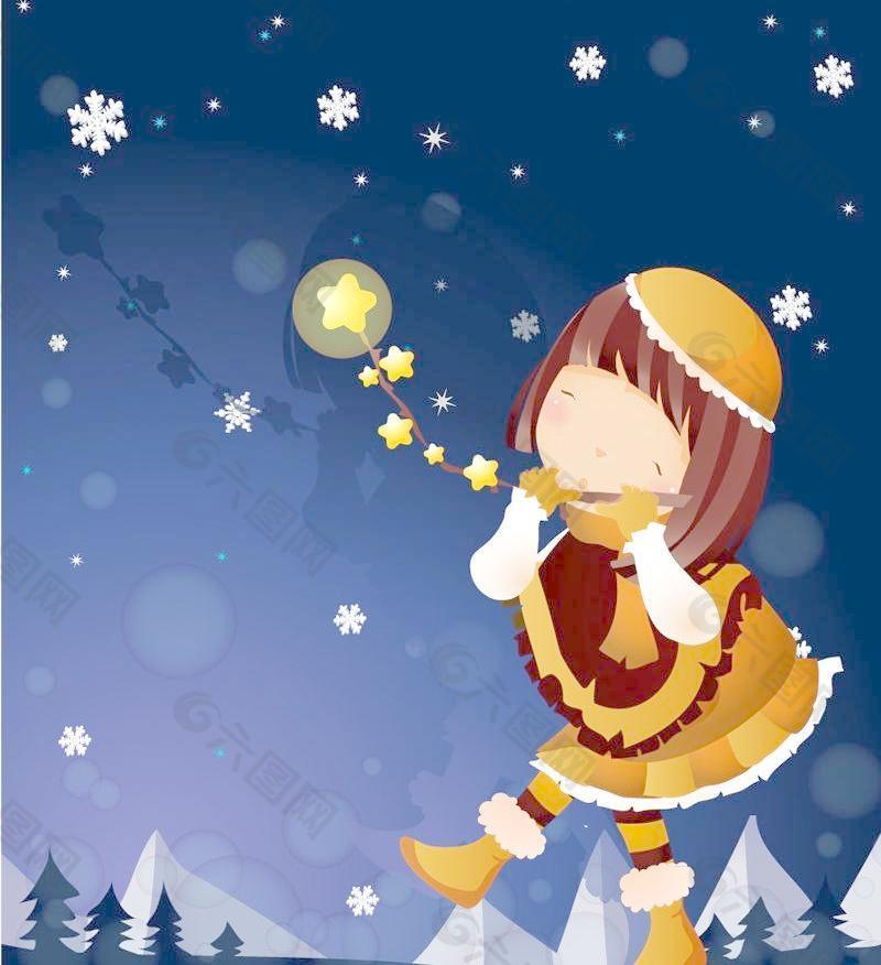 动漫女孩在雪夜矢量素材