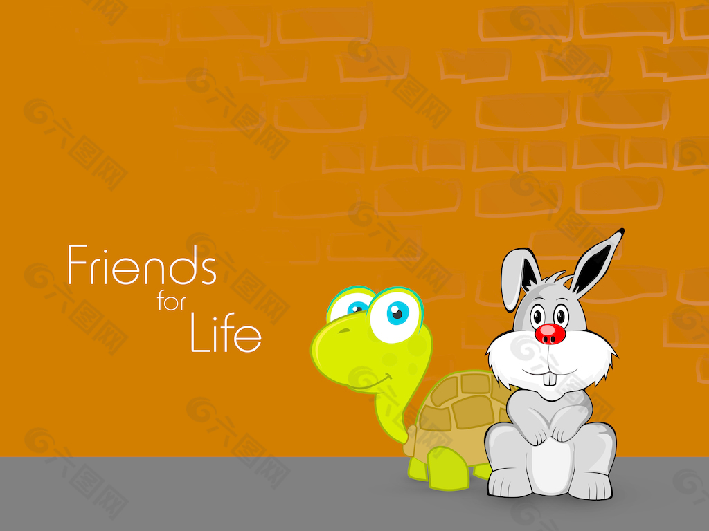 快乐友谊日背景与可爱的乌龟和兔子对桔色的墙