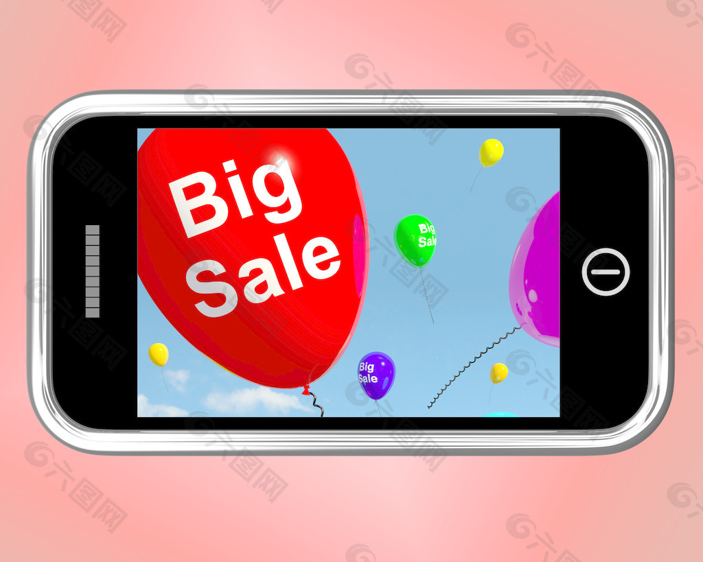 在手机上显示的促销和销售减少大气球