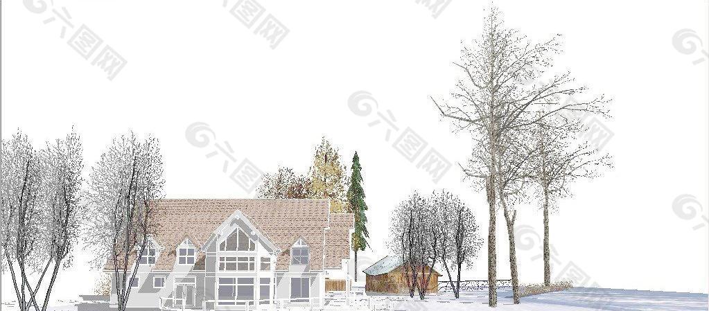 雪景外观小别墅SU模型