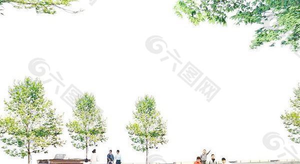广场效果图素材之前景树－人物素材－植物草坪素材－PSD分层素材模板