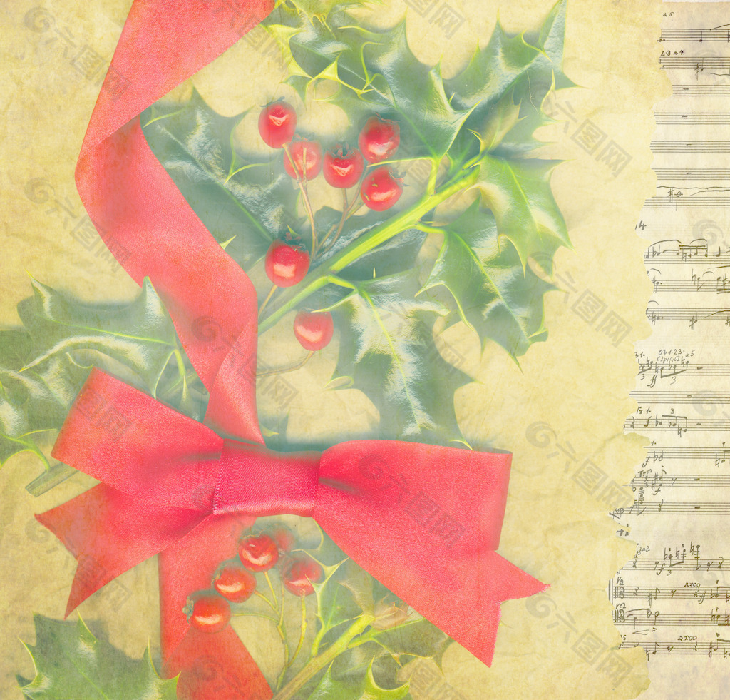圣诞卡和冬青树和红色的弓