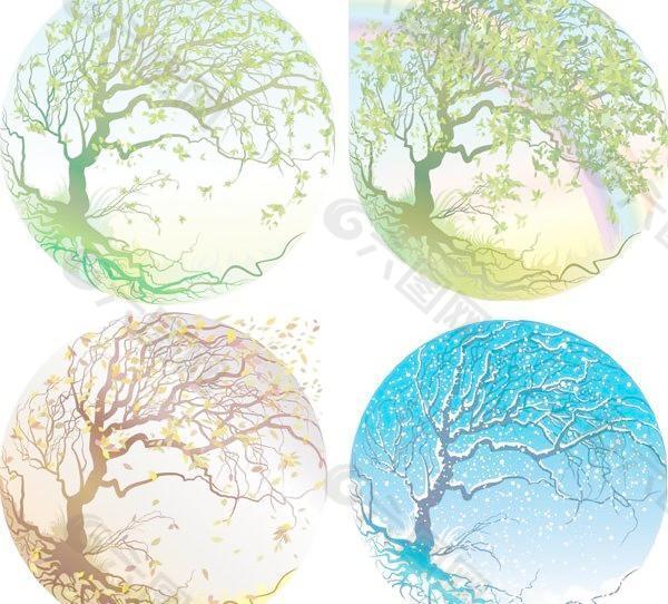 四季树在水晶球矢量素材