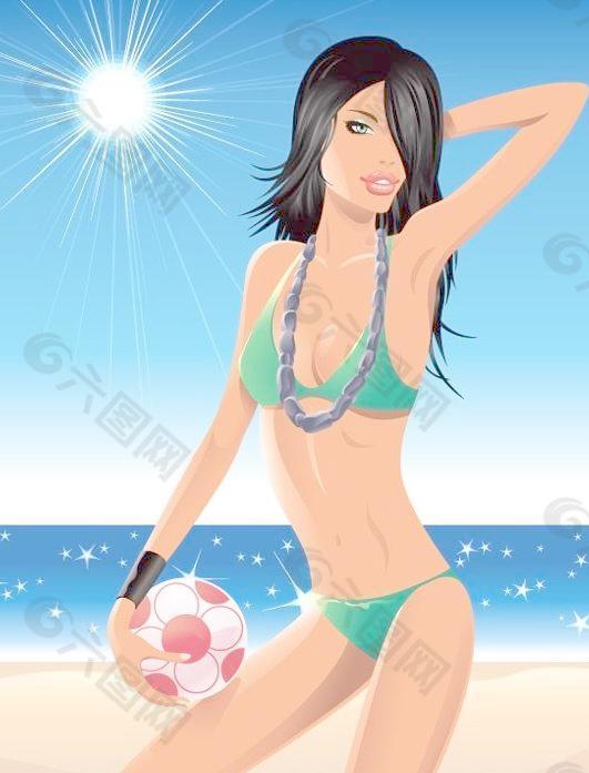 沙滩排球美女矢量素材