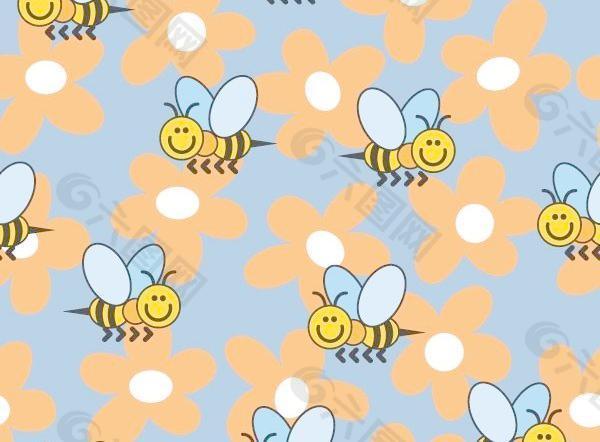 可爱的小蜜蜂花朵背景矢量素材