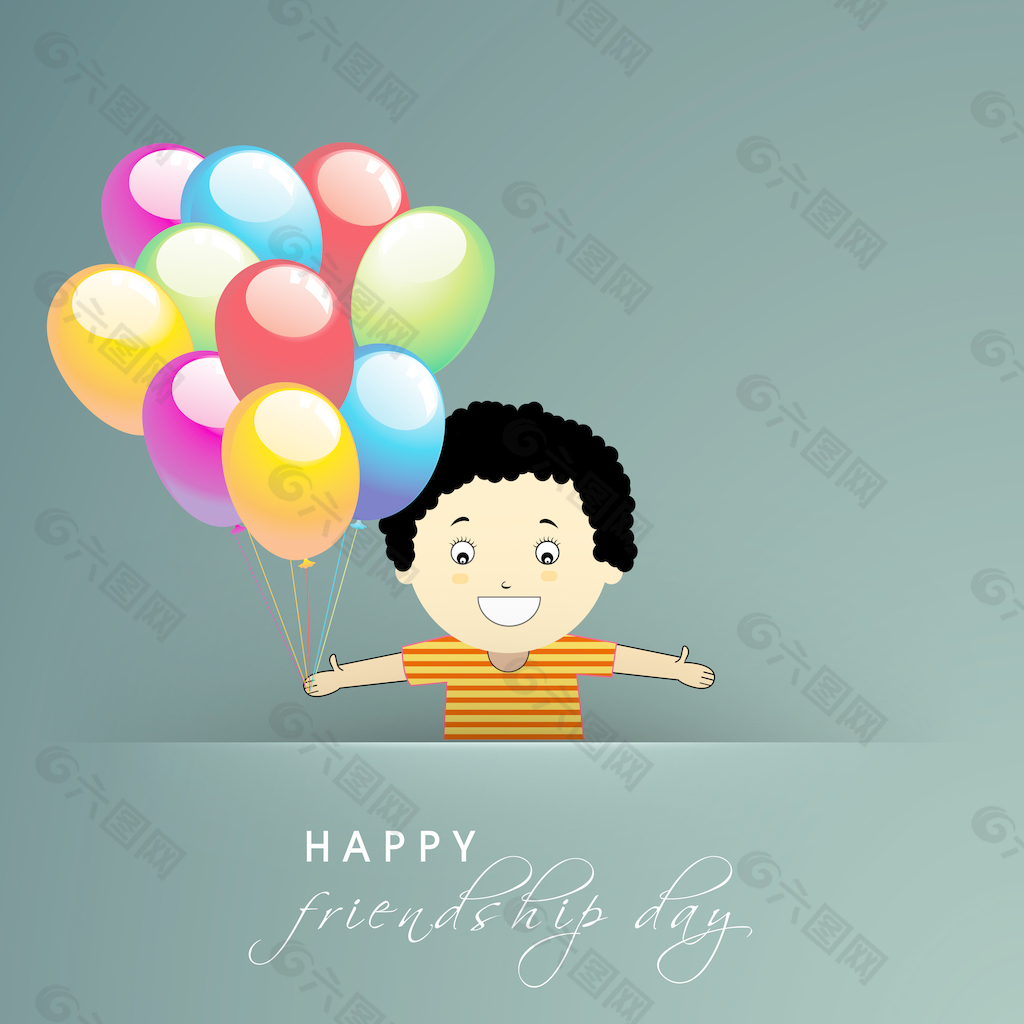 情人节快乐的概念与可爱的小男孩抱着光泽的彩色气球在绿色背景
