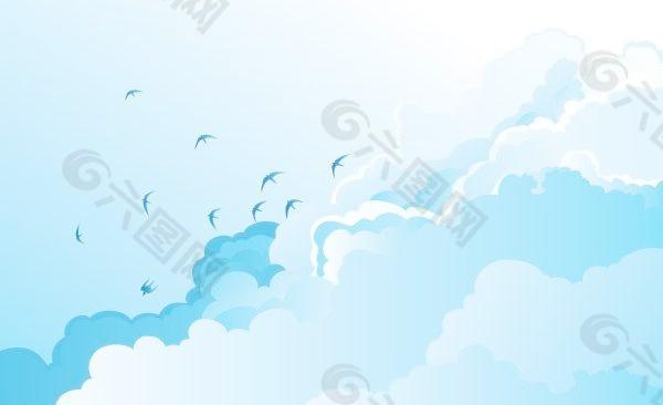 飞在蓝天白云的自由的小鸟矢量素材
