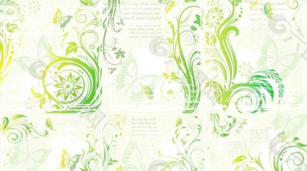 新鲜、时尚的绿色植物花纹蝴蝶矢量素材