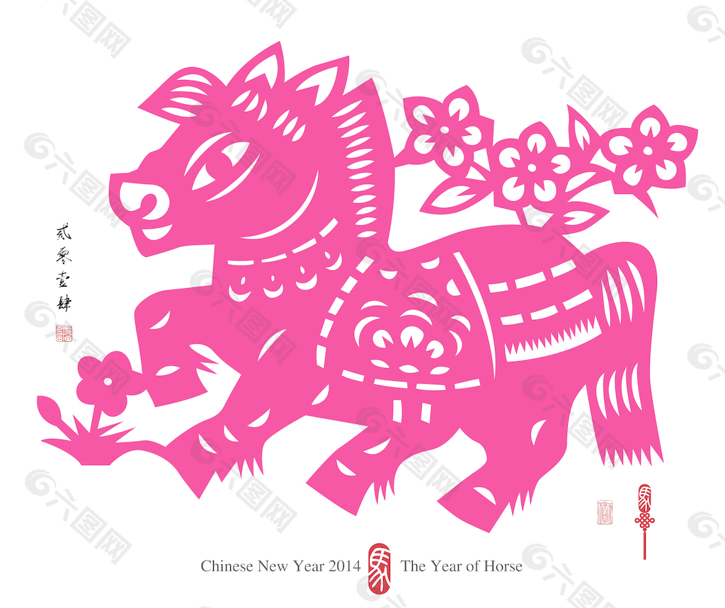 矢量中国传统剪纸的翻译：2014岁的马