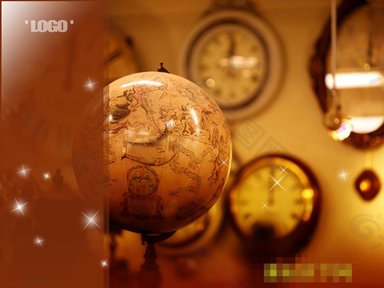 地球仪时钟背景的古典幻灯片PPT模版