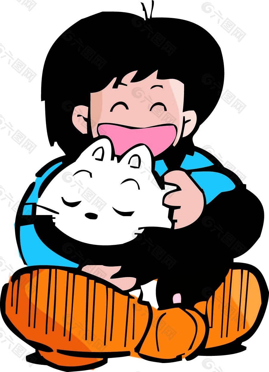 抱着小猫的小男孩插画