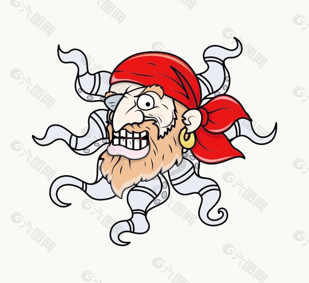 令人毛骨悚然的章鱼头海盗动物矢量卡通插画