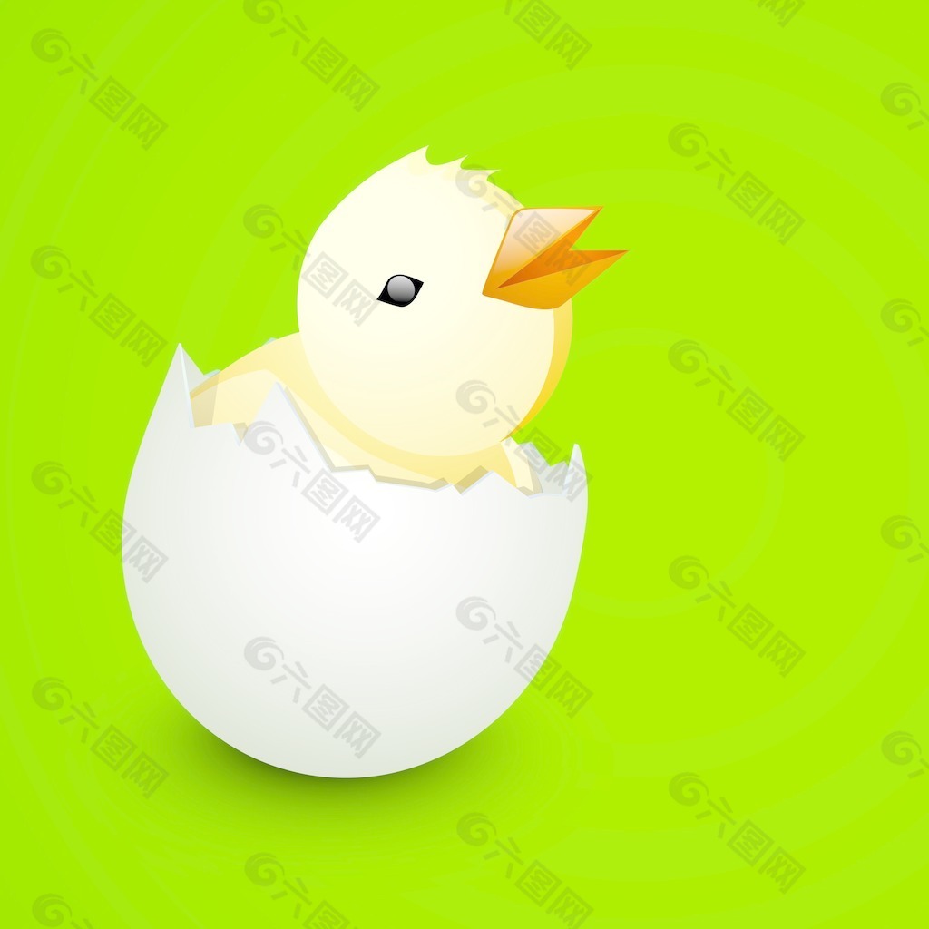 复活节快乐的背景或卡与可爱的小鸡从蛋在有光泽的绿色背景