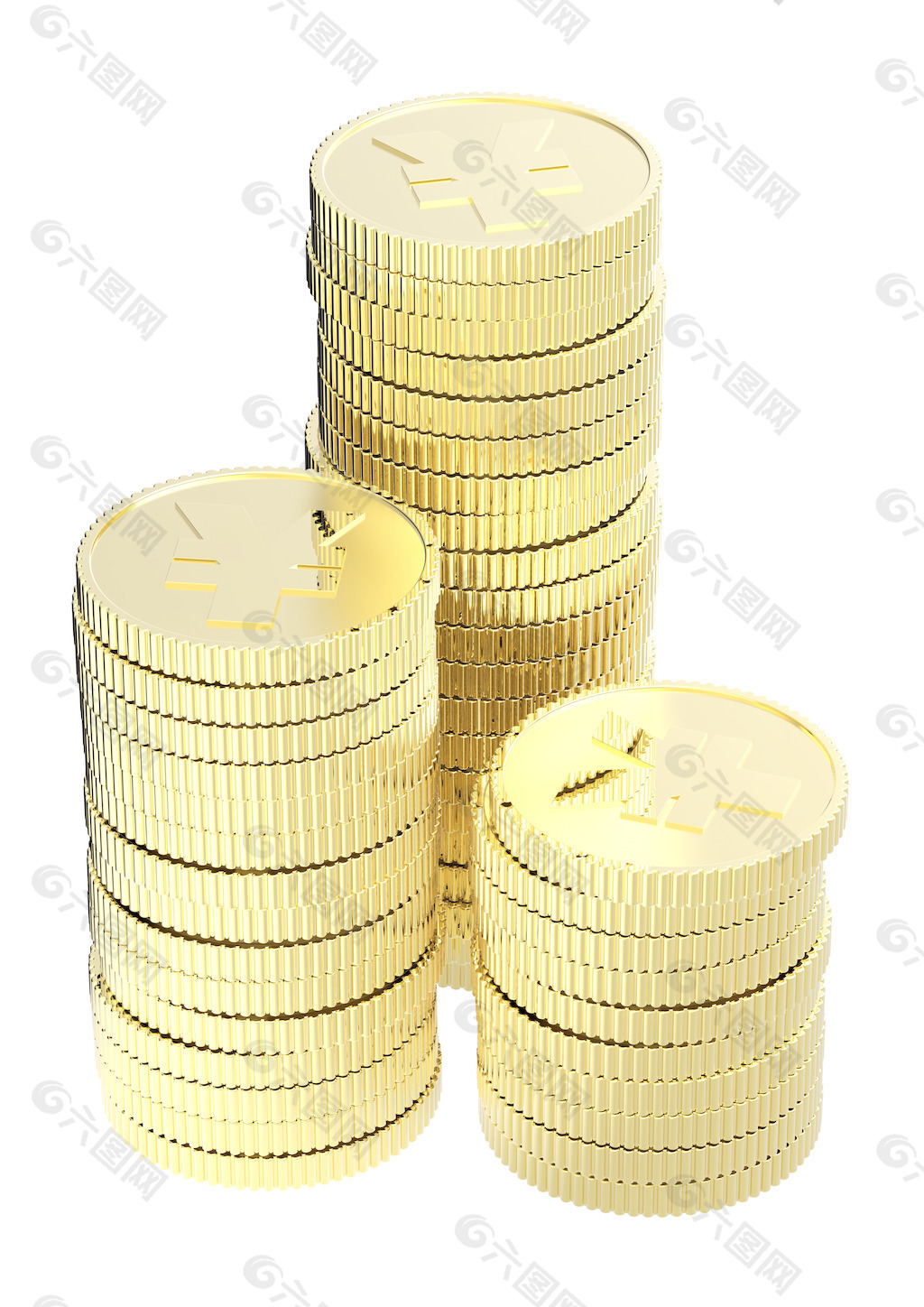 金日元硬币堆孤立在白色的背景