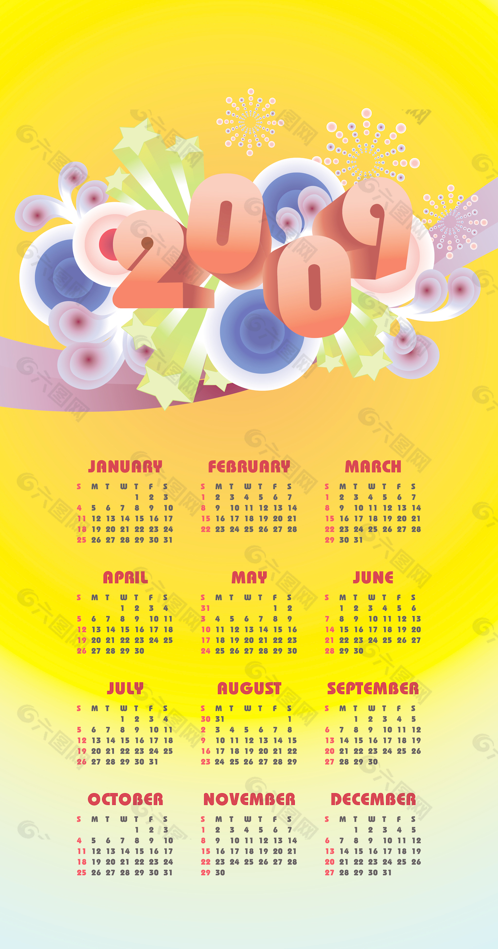 2009 - 12个月的日历