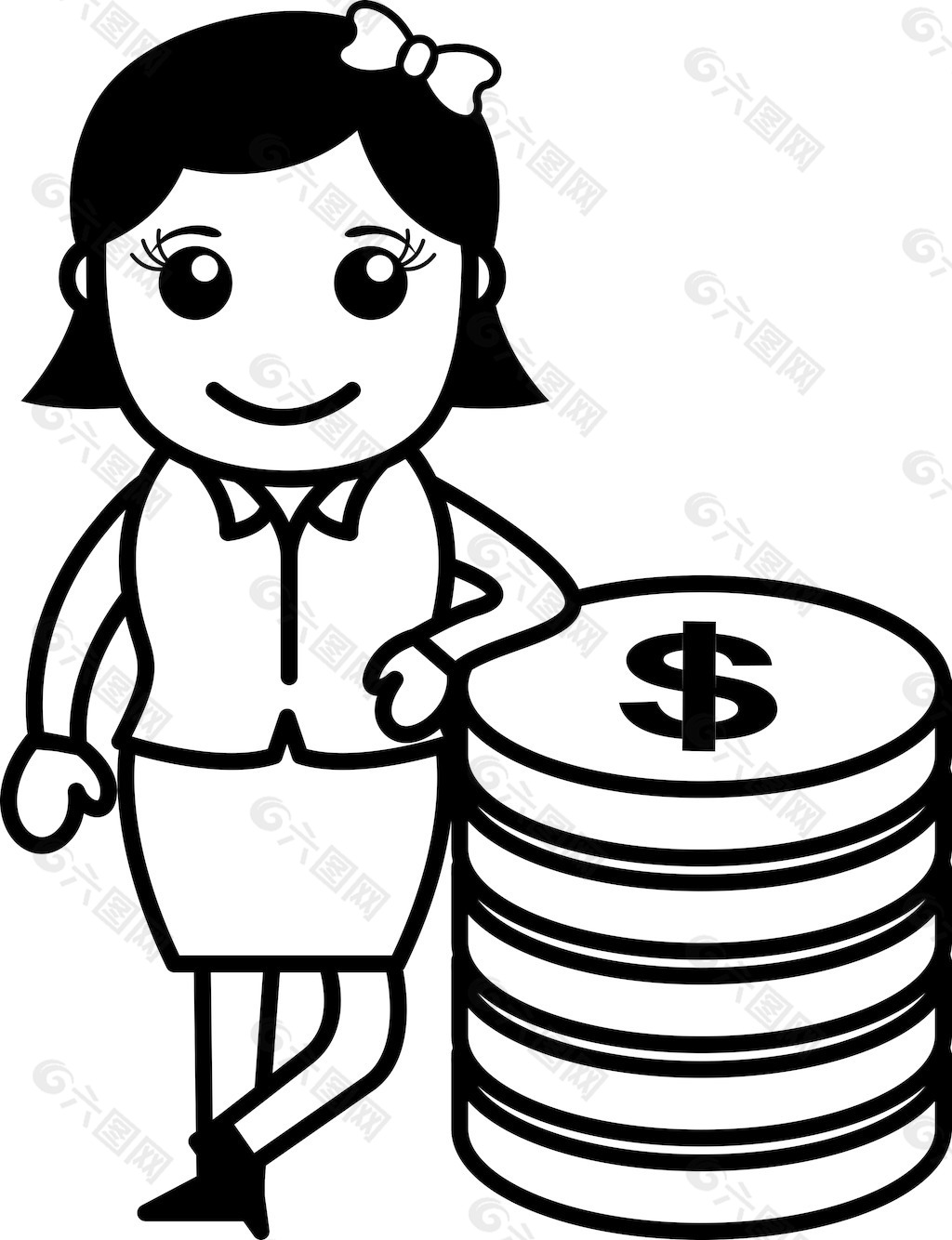 女人站在硬币的货币概念矢量插画