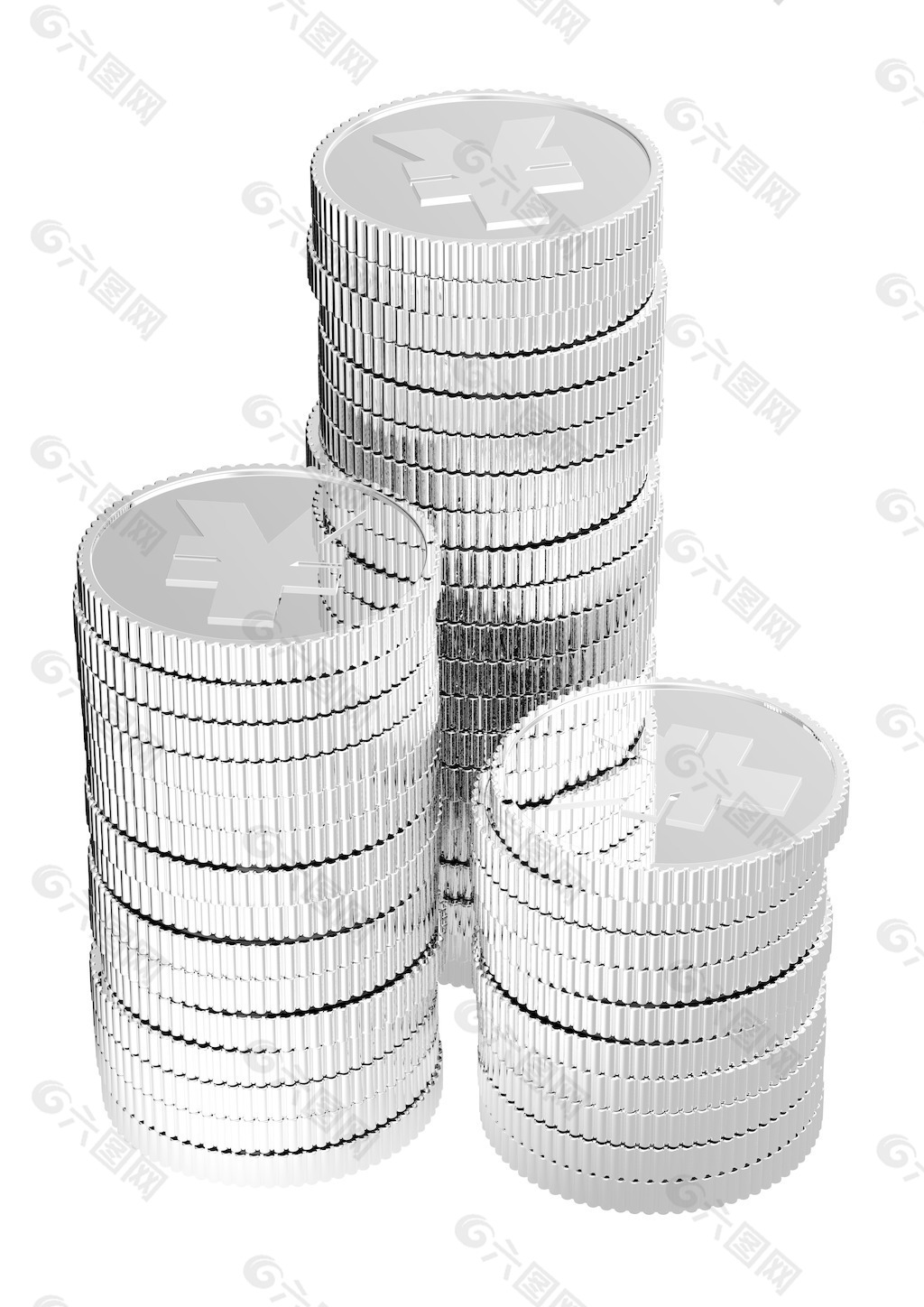 银日元硬币堆孤立在白色的背景
