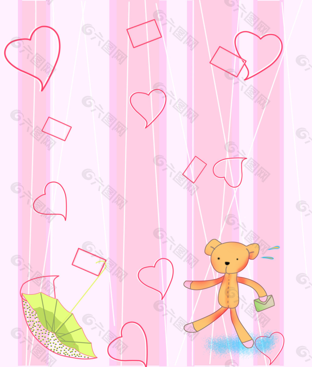 小熊 粉色桃心 粉色背景 长方形