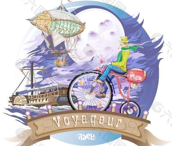 飞上月球-加拿大自行车品牌插画矢量旅客/福国际自行车旧自行车