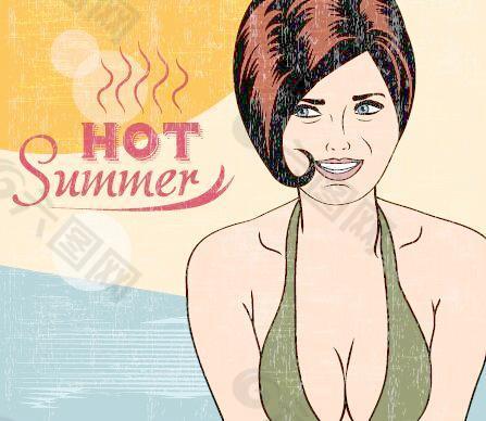 炎热的夏天，性感的女人矢量背景05