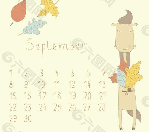 可爱的卡通九月月历设计矢量