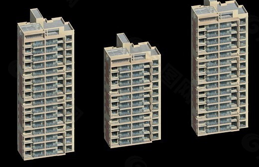 三栋板式住宅楼建筑模型