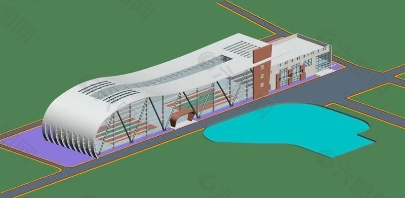 现代传送带式建筑群3D建筑模型