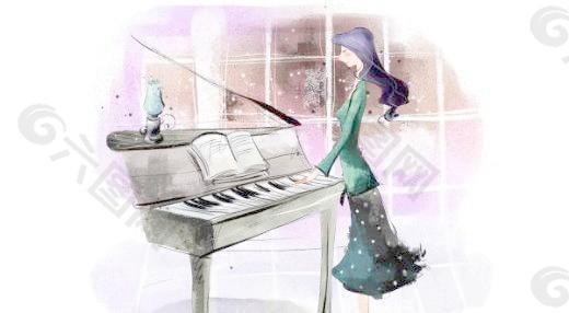 弹钢琴的女孩插画 下载