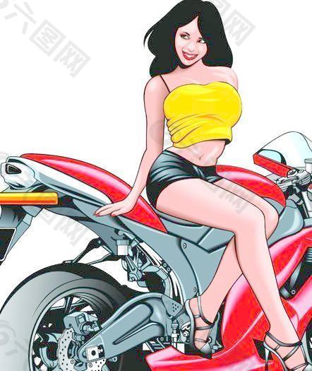 女孩和摩托车的插画矢量集02