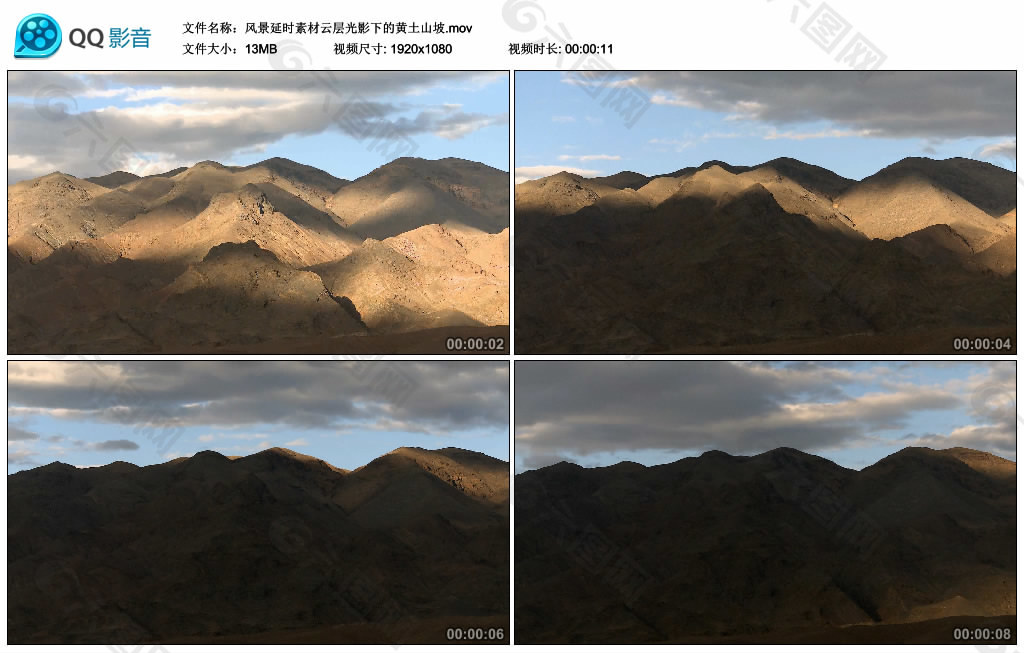 风景延时素材云层光影下的黄土山坡