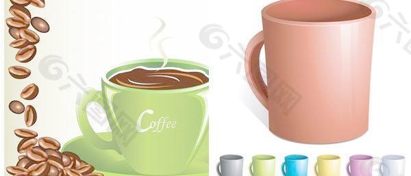 咖啡杯，咖啡豆，咖啡杯矢量