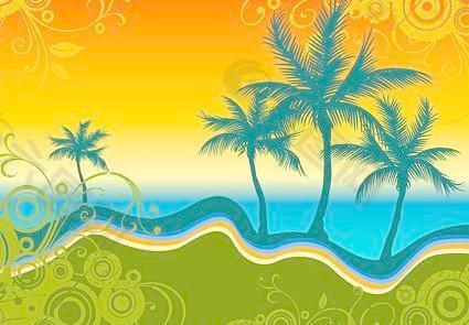 海边的椰树剪影与潮流花纹矢量素材