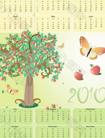 2010棵苹果树蝴蝶主题日历模板矢量素材