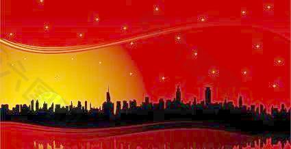 火红的夕阳城市高层建筑剪影矢量素材