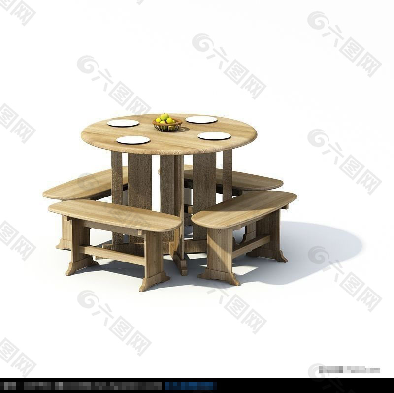 3D精致实木桌椅模型