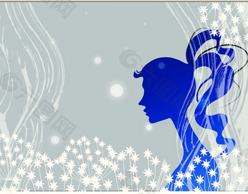 蓝色女子侧影与白花背景ai素材