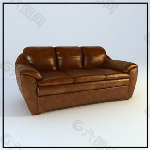 3D棕色真皮三人沙发模型