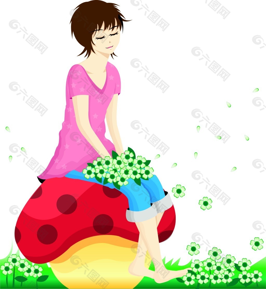 坐在蘑菇上手捧鲜花的女孩